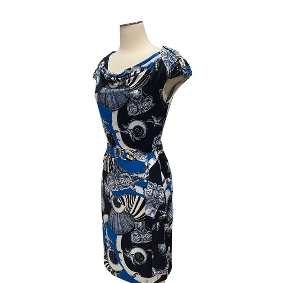 Cache Blue/Black Seashell Dress M Cap Sleeve Belted Elegant Stylish Summer Chic - Picture 7 of 12